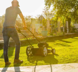 Gardening Services Melbourne North West: A man using a grass cutter to maintain a lush green lawn in a residential garden.